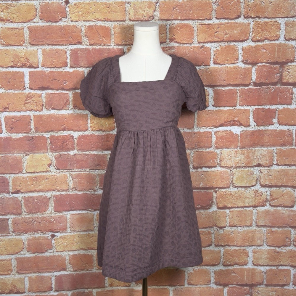 Madewell Mauve Quilted Puff Sleeve Jacquard Dress Fig XS 100% Cotton NWT